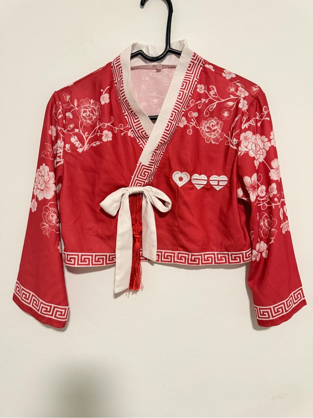 Red Floral Satin hanbok Wrap Top with White Trim